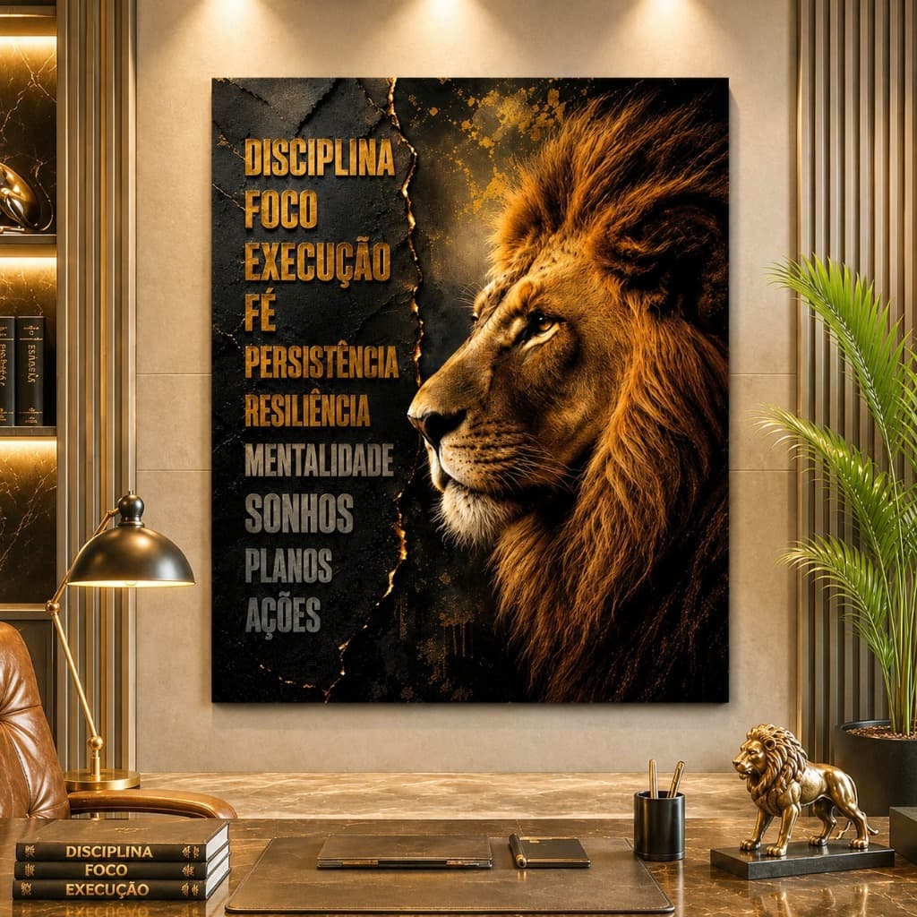 Quadro Decorativo Motivacional Leão Dourado Luxo Disciplina Foco Fé Persistência Sala Hall