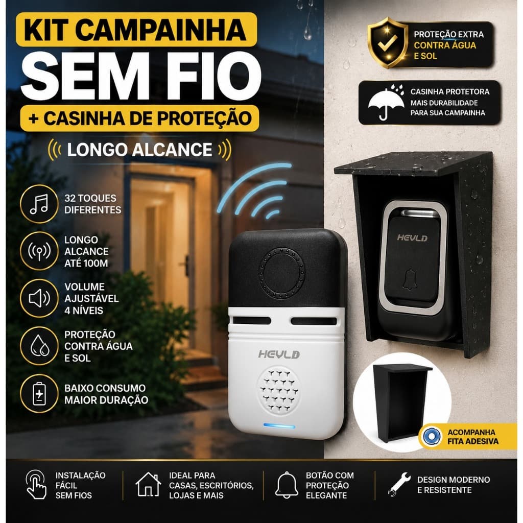 Kit Suporte Casa Protetora botão contra Agua e Chuva + Campainha Sem Fio Com Longo Alcance Mais de 32 toques.De Colar