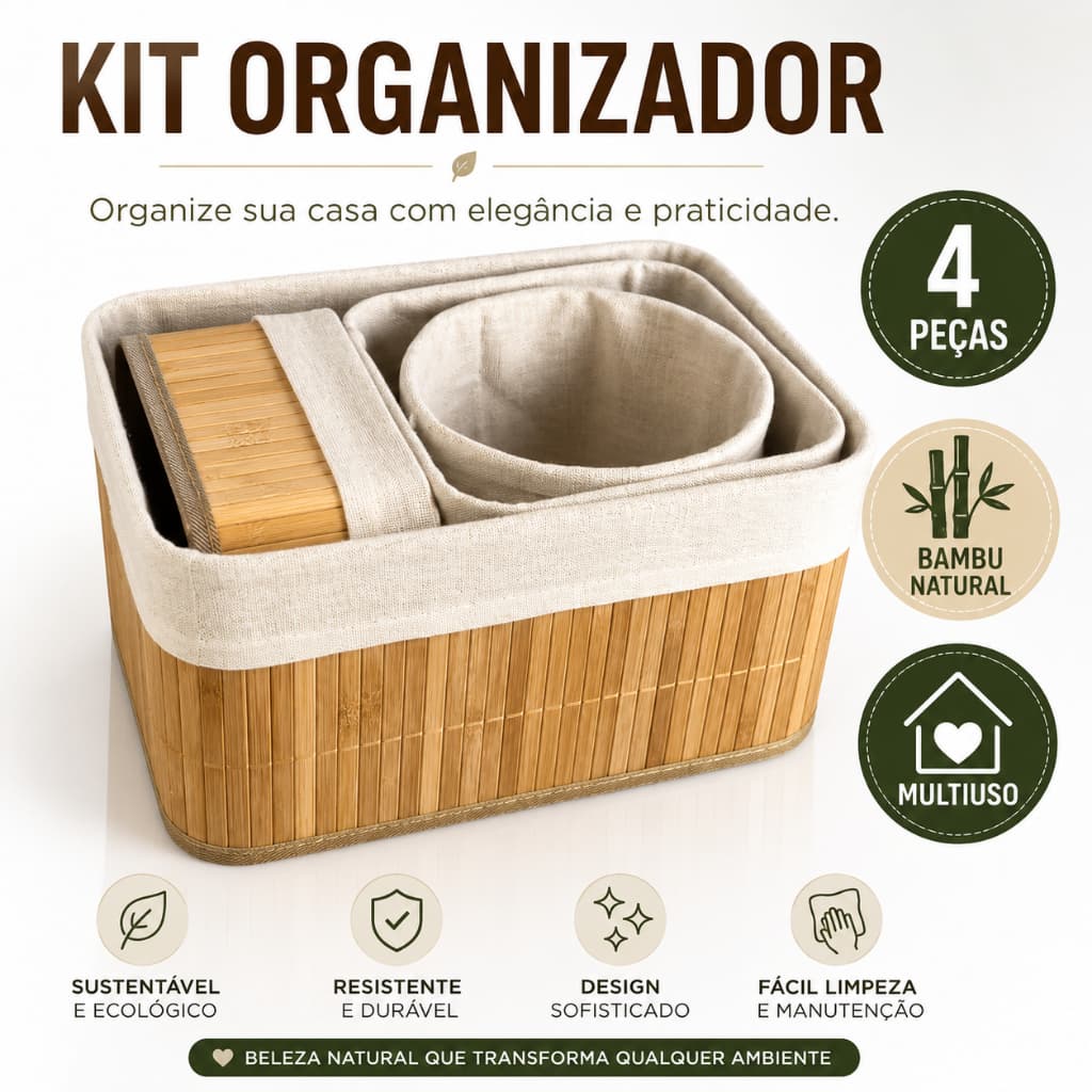 Kit 4 Cestos Organizadores Bambu Durable Multiuso Decoracao Armazenamento Pratico