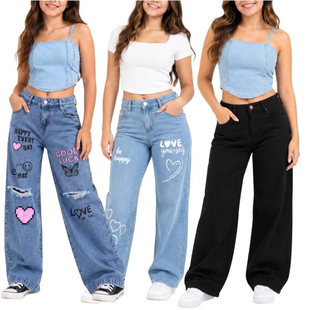 Kit 3 Calças Wide Leg Jeans Meninas Juvenil Infantil Pantalona Estampada
