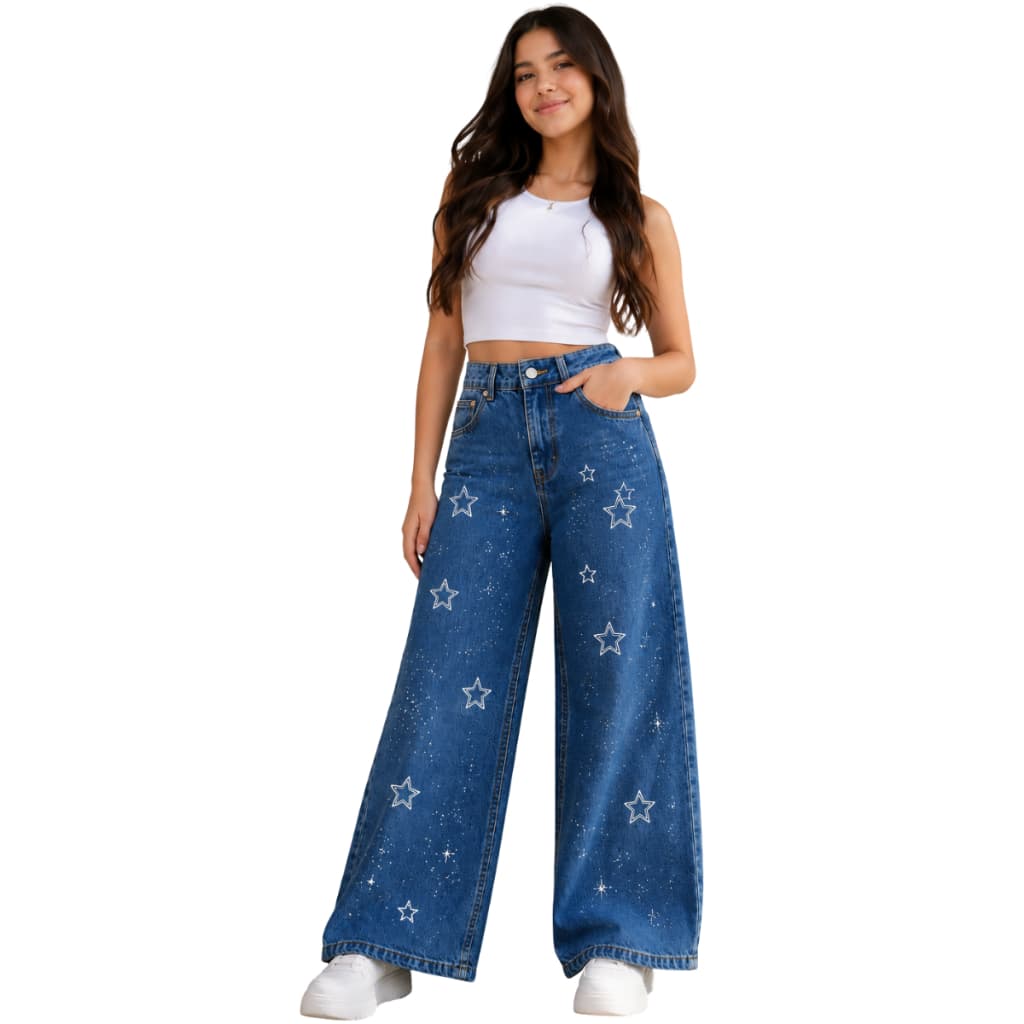 Calça jeans folgada wide leg pantalona infantil juvenil menina