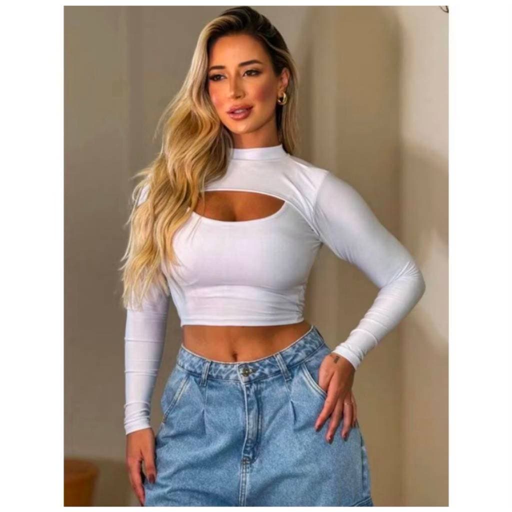 Cropped Manga Longa Canelado  Tecido Grosso Gola Alta. Envio Rápido