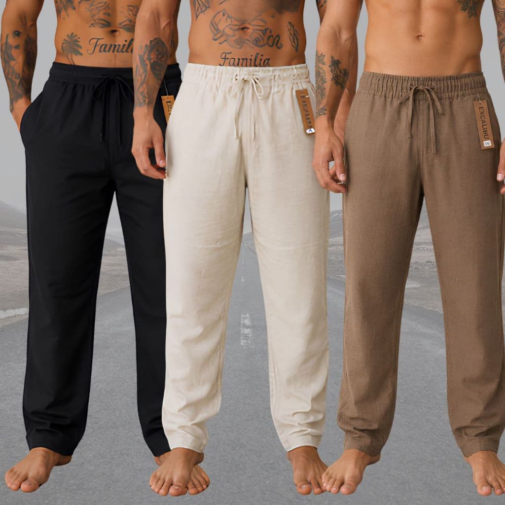 Kit 3 Calça De Linho Masculina Rústica Leve Praia Cordão Ajustável Premium 100% Algodão