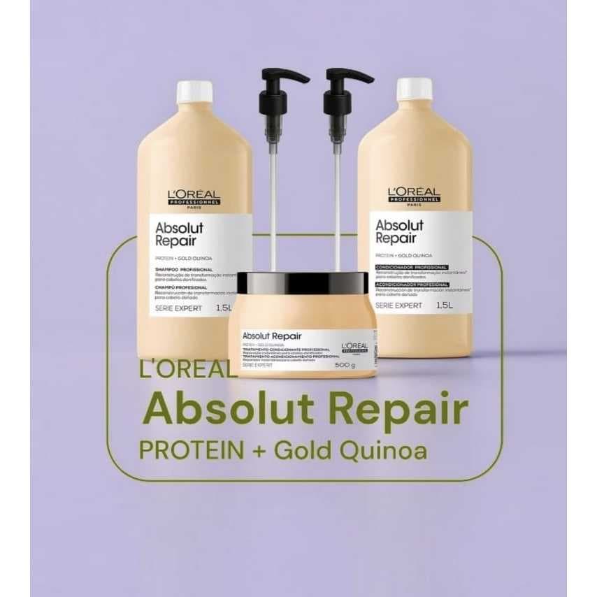 KIT L'OREAL ABSOLUT, REPAIR, GOLD QUINOA,1,5L , SHAMPOO, CONDICIONADOR E MÁSCARA PROFISSIONAL