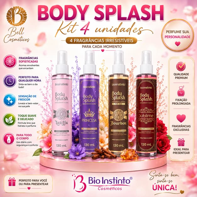 4 unid Desodorante Colônia Body Splash 130ml - Bio Instinto