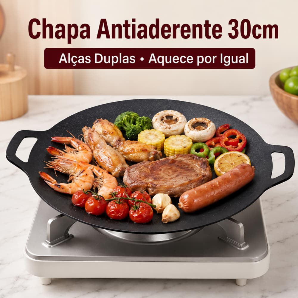 Chapa Grill Redonda Antiaderente 30cm com Alças Duplas para Fogão Churrasco Carnes e Legumes