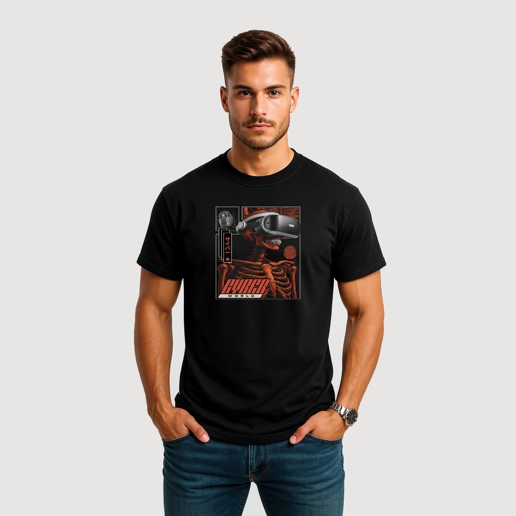 CAMISETA MASCULINA ALGODÃO CAVEIRA VERMELHA OCULOS VR CYBER