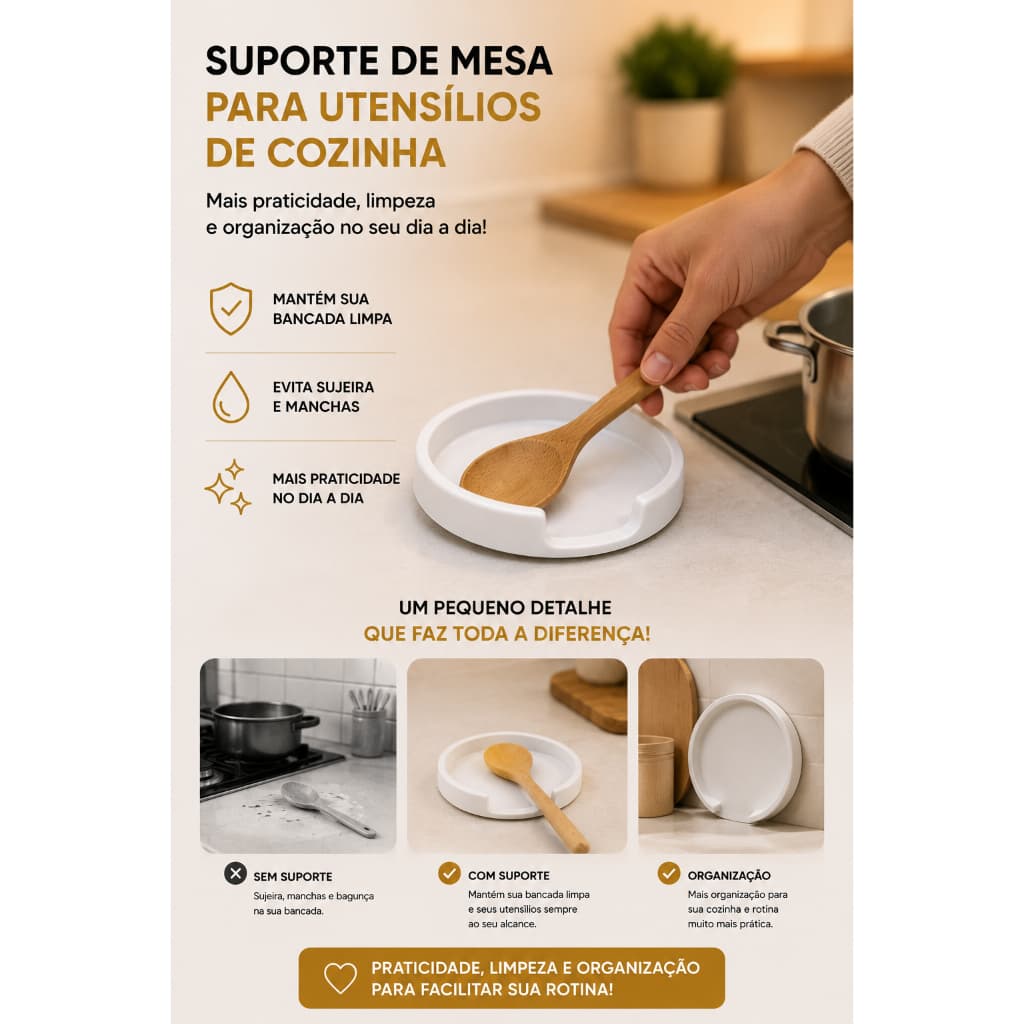 Suporte de Mesa para Colher de Pau e Utensílios de Cozinha Descanso Organizador Prático Resistente Compacto