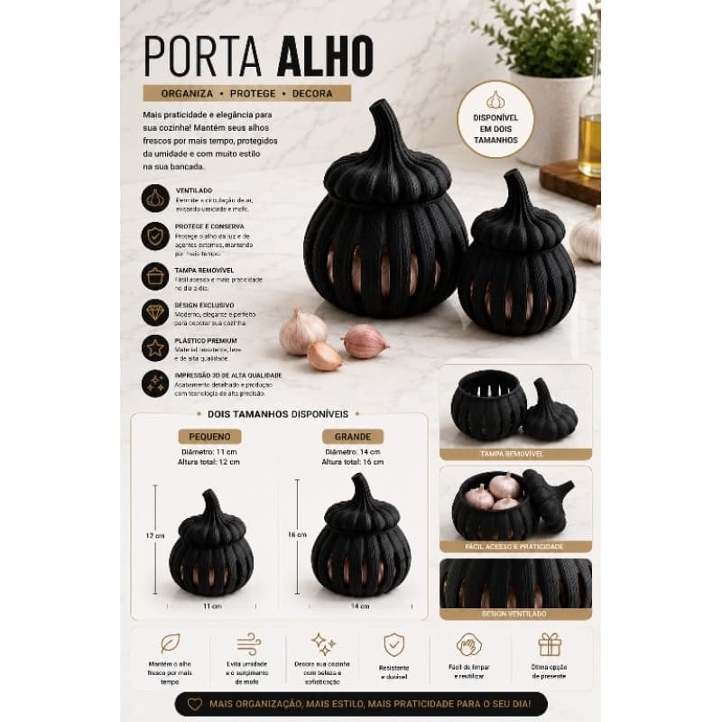 Porta Alho Preto Decorativo Organizador para Cozinha Ventilado com Tampa
