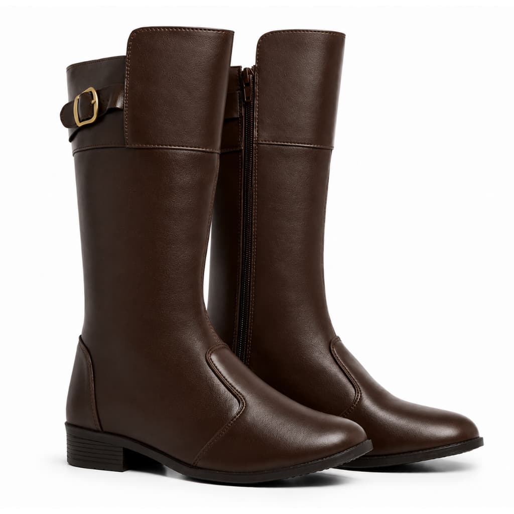 Bota Dara Feminina Cano Alto Montaria Café Couro Sintético Salto Fivela Confortável Moda