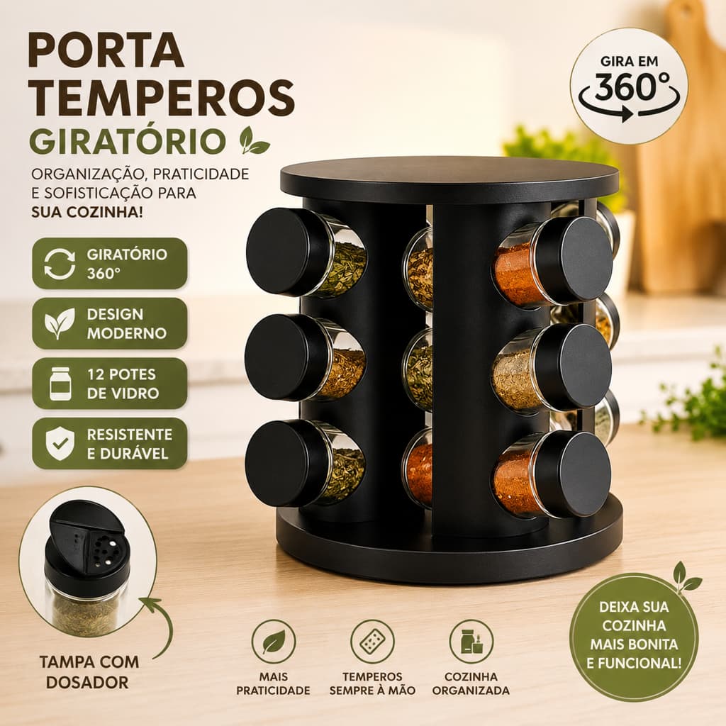 Porta Tempero Giratório Vidro 12 Potes