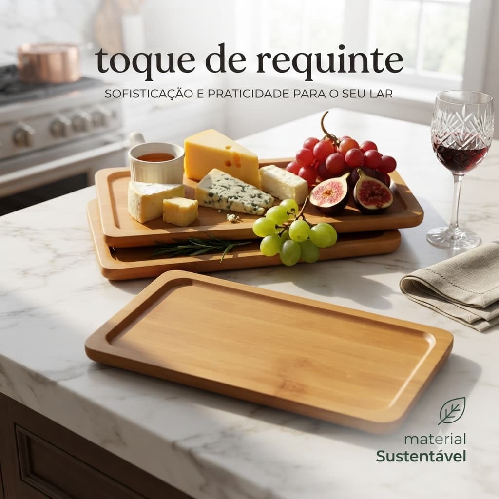 Bandeja De Bambu Decorativa Retangular Organizadora Cozinha Lavabo Petisqueira Mesa Posta