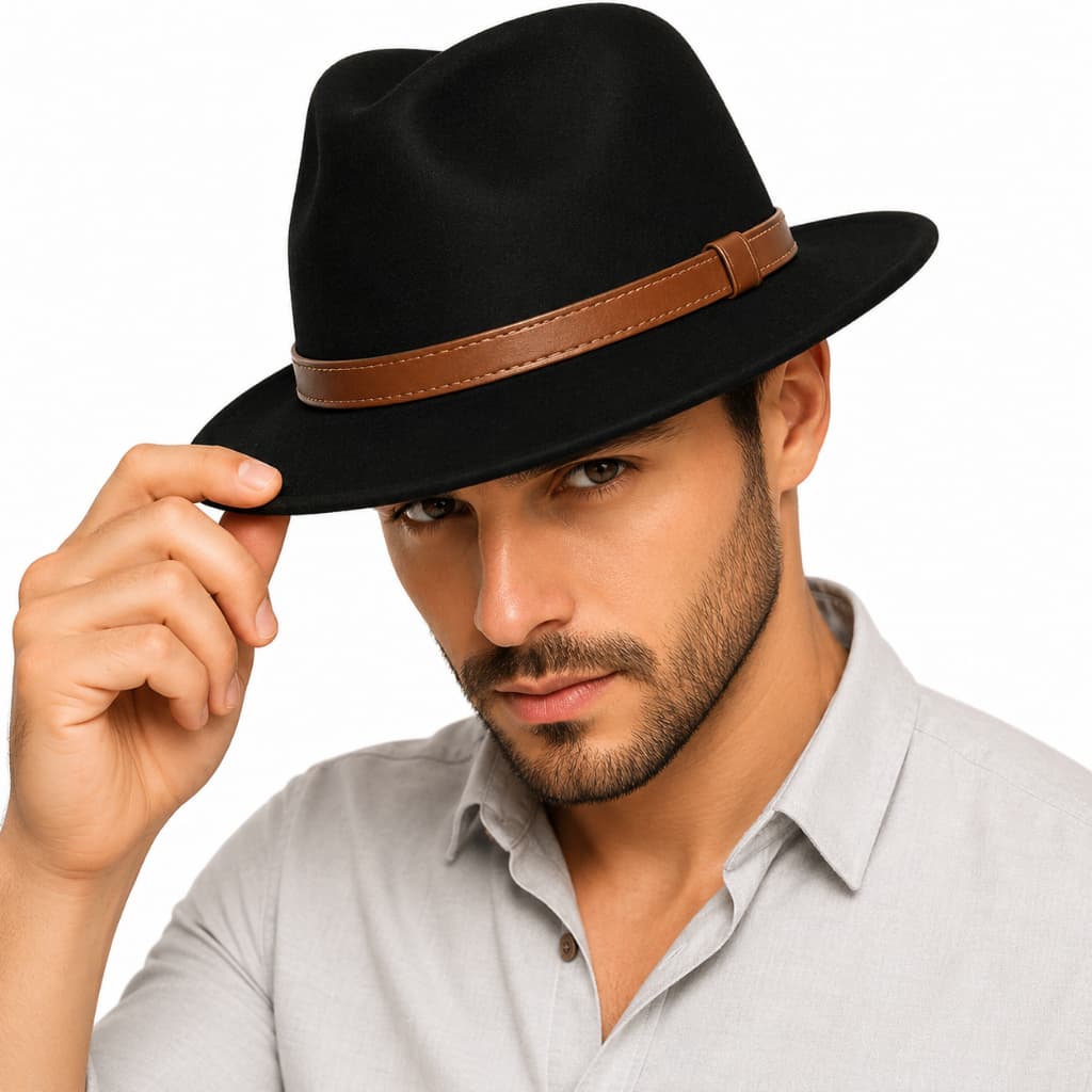 Chapéu Fedora Gangster Aba Larga Unissex Feltro Premium Fita Couro