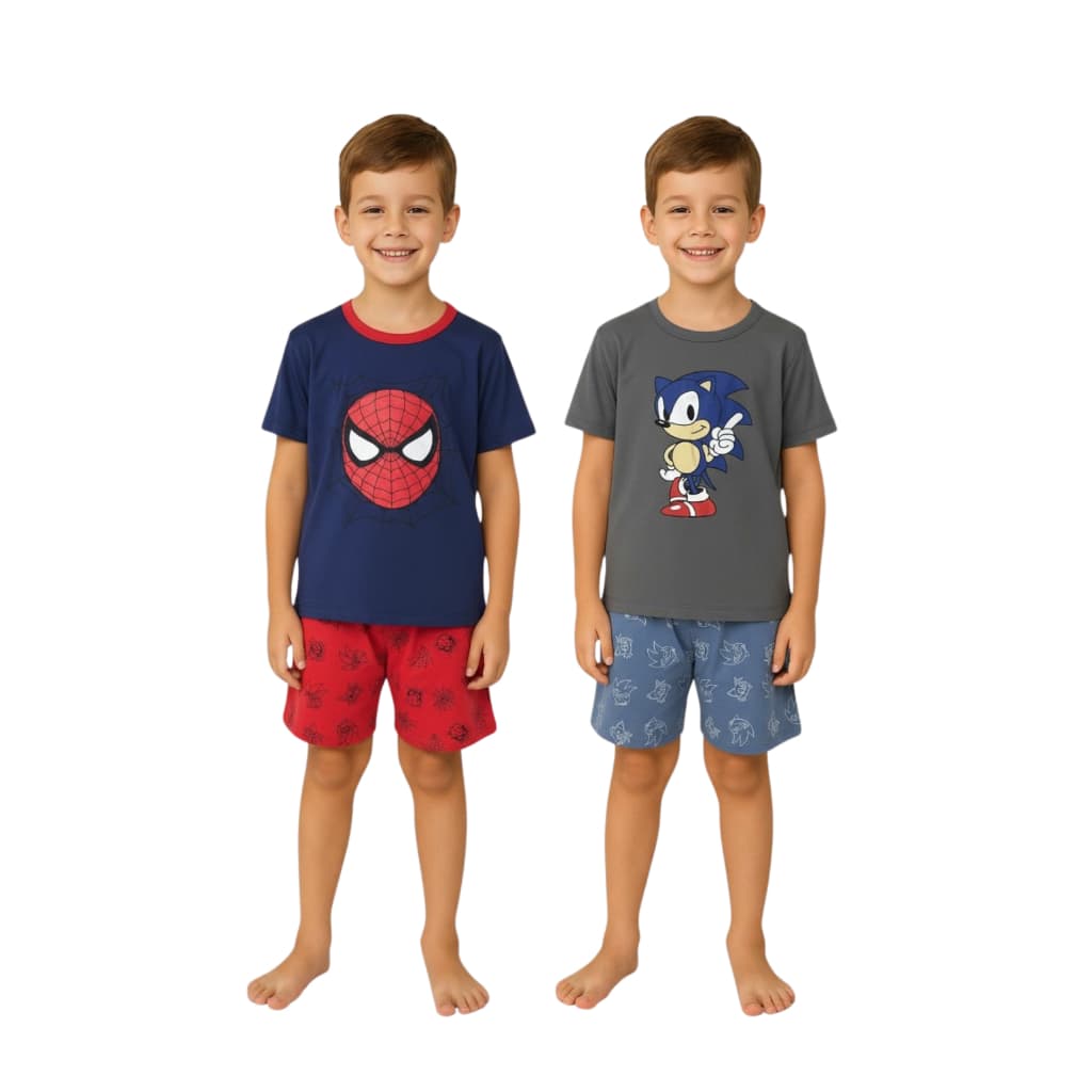 Kit 2 Pijamas Infantil Menino e Menina Verão Personagens Promoção