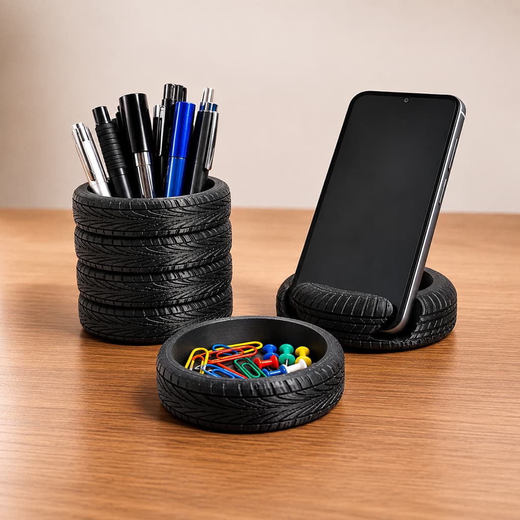 Organizador de Mesa modelo Pneu Porta Celular, Porta Canetas e Porta Clips designer moderno  para seu escritório