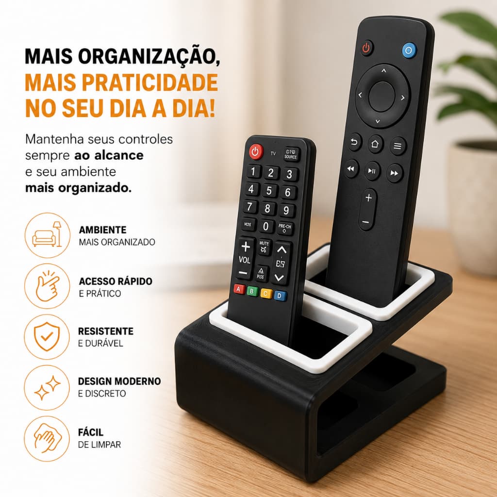 Suporte Organizador para Controle Remoto Porta Controle de Mesa Moderno em PETG Preto ou Branco