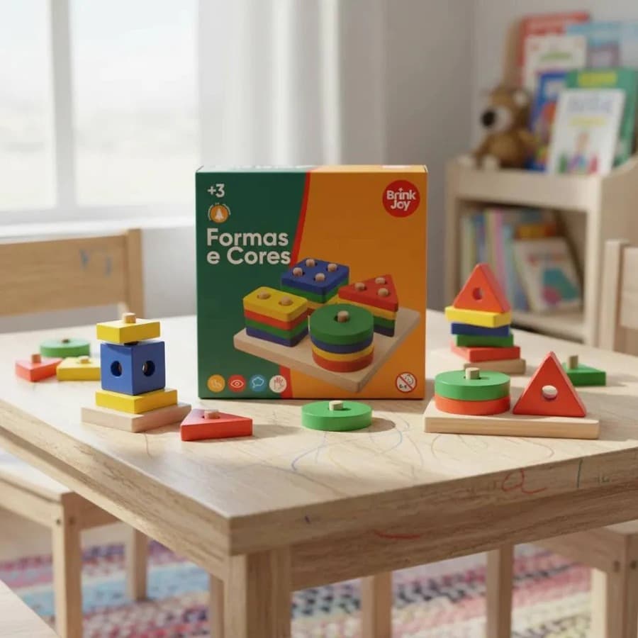 Brinquedo Pedagógico de Madeira Formas e Cores – Brink Joy Educativo Infantil Coordenação Motora Encaixe Criança