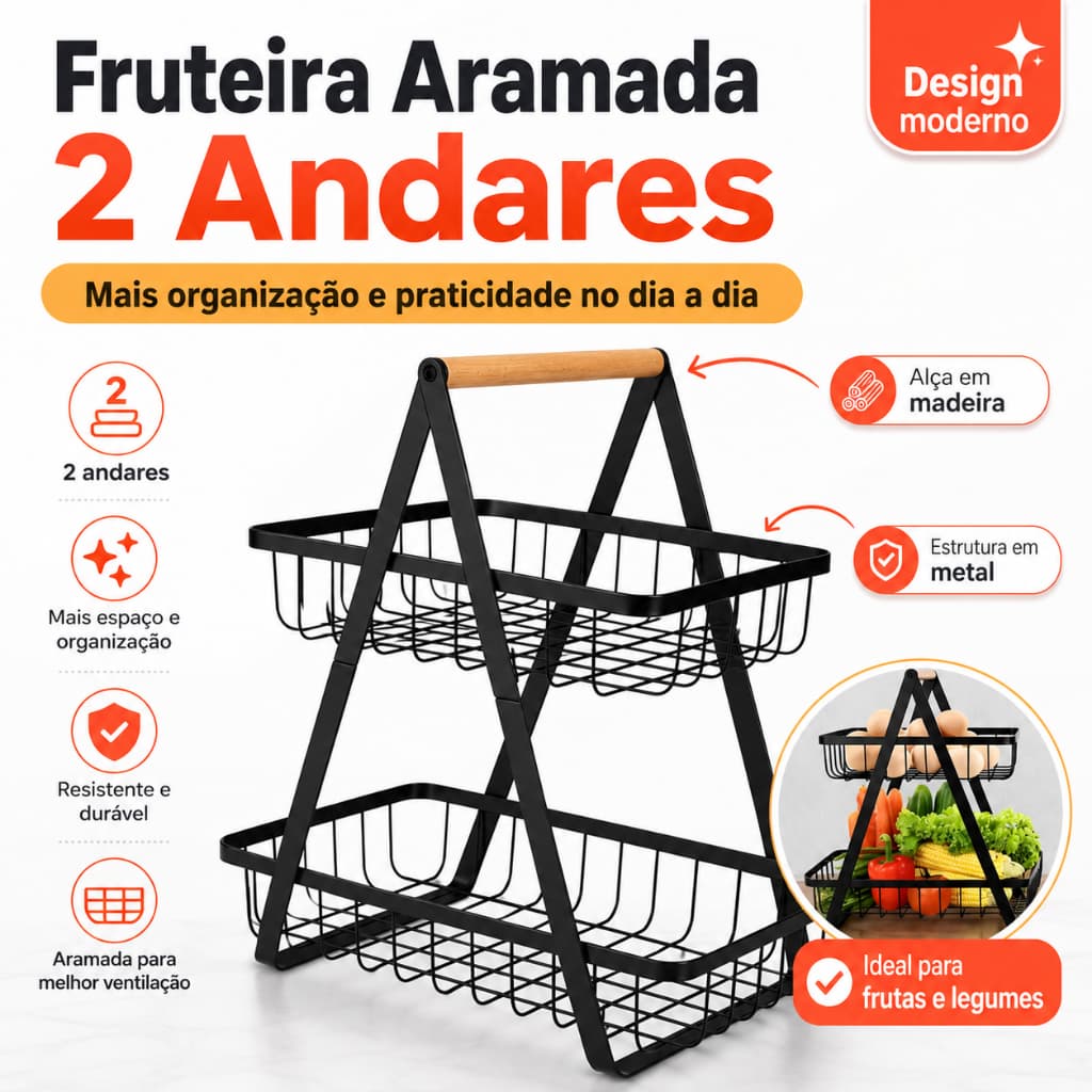 Fruteira Aramada 2 Andares para Cozinha | Cesto Organizador de Metal com Alça de Madeira | Porta Frutas, Legumes