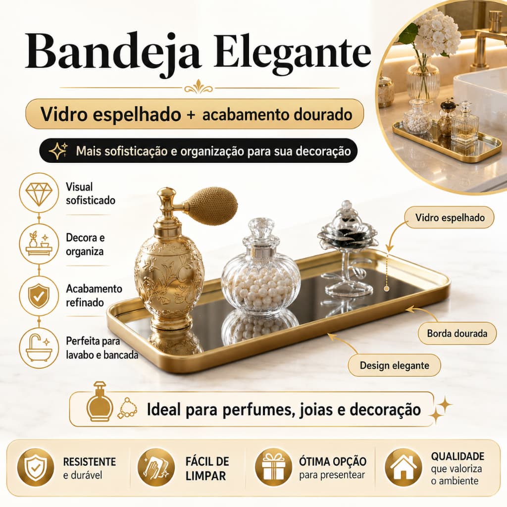 Bandeja Decorativa Espelhada Dourada 30cm | Organizador para Perfumes, Penteadeira e Lavabo | Pronta Entrega