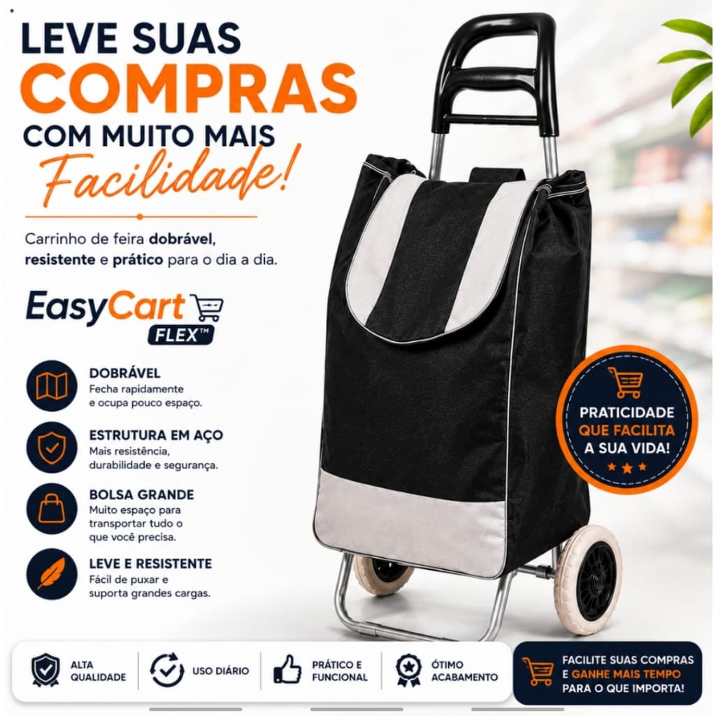 Carrinho de Feira Dobrável com Bolsa Grande EasyCart Flex™ em Aço Reforçado Preto Azul Vermelho 2 Rodas Portátil