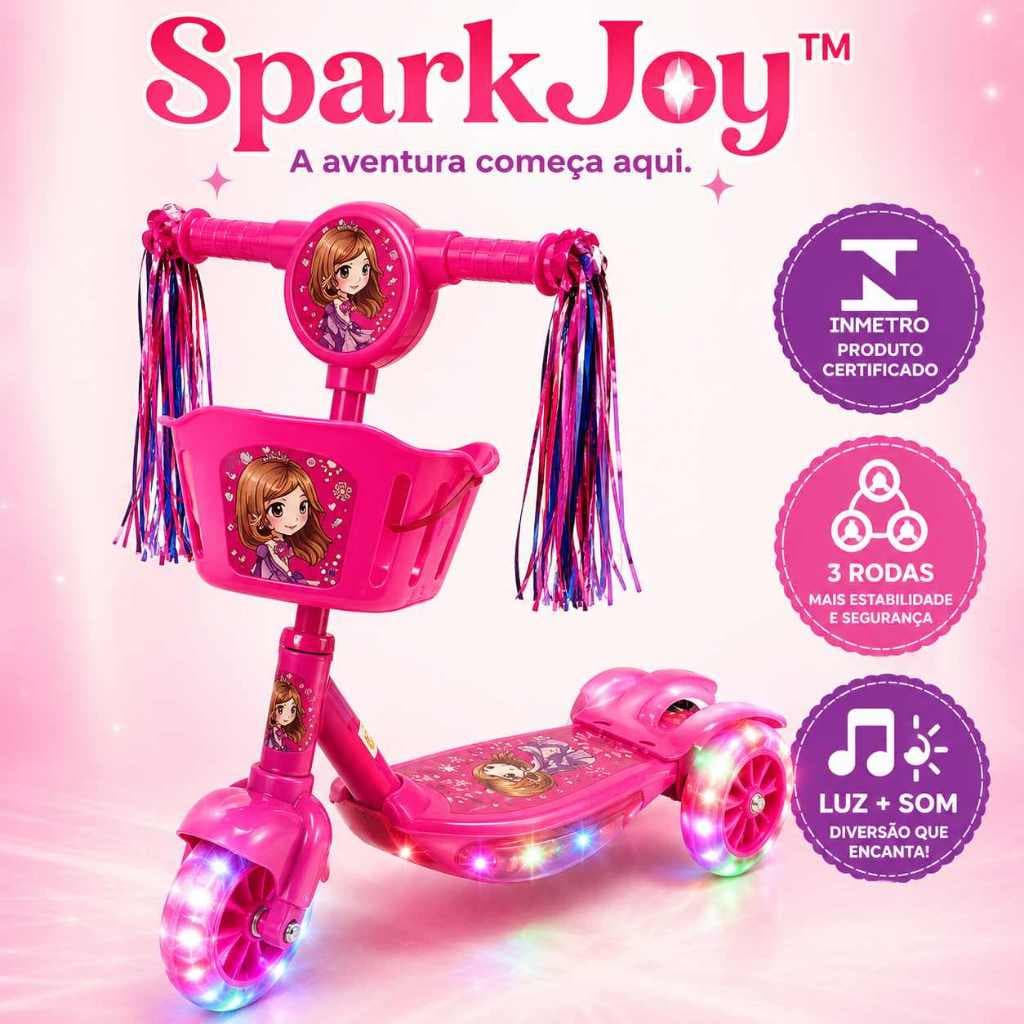 Patinete Infantil 3 Rodas Dobrável com Luz, Som, Rodas de LED, Cestinha Rosa Até 35kg