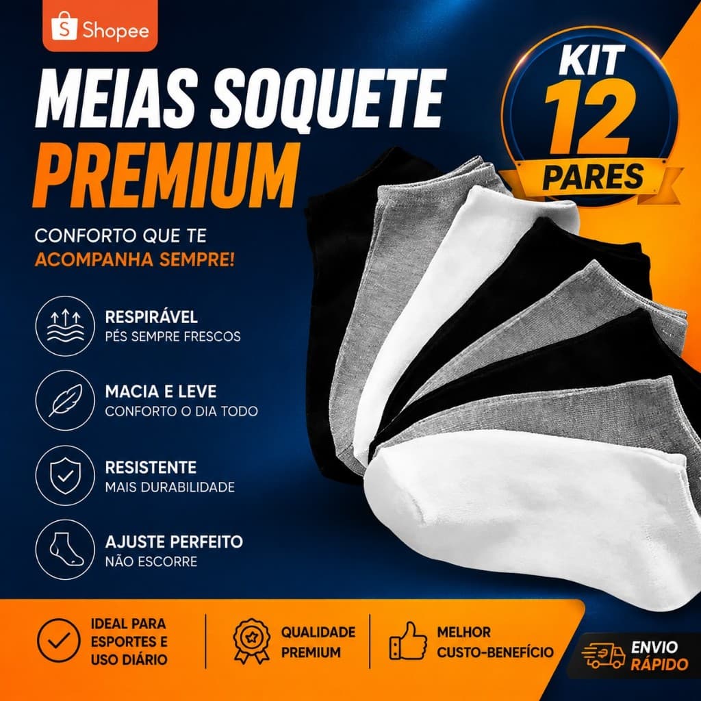 Kit 12 Pares Meia Invisível Soquete Cano Curto Unissex Premium Confortável Adulto