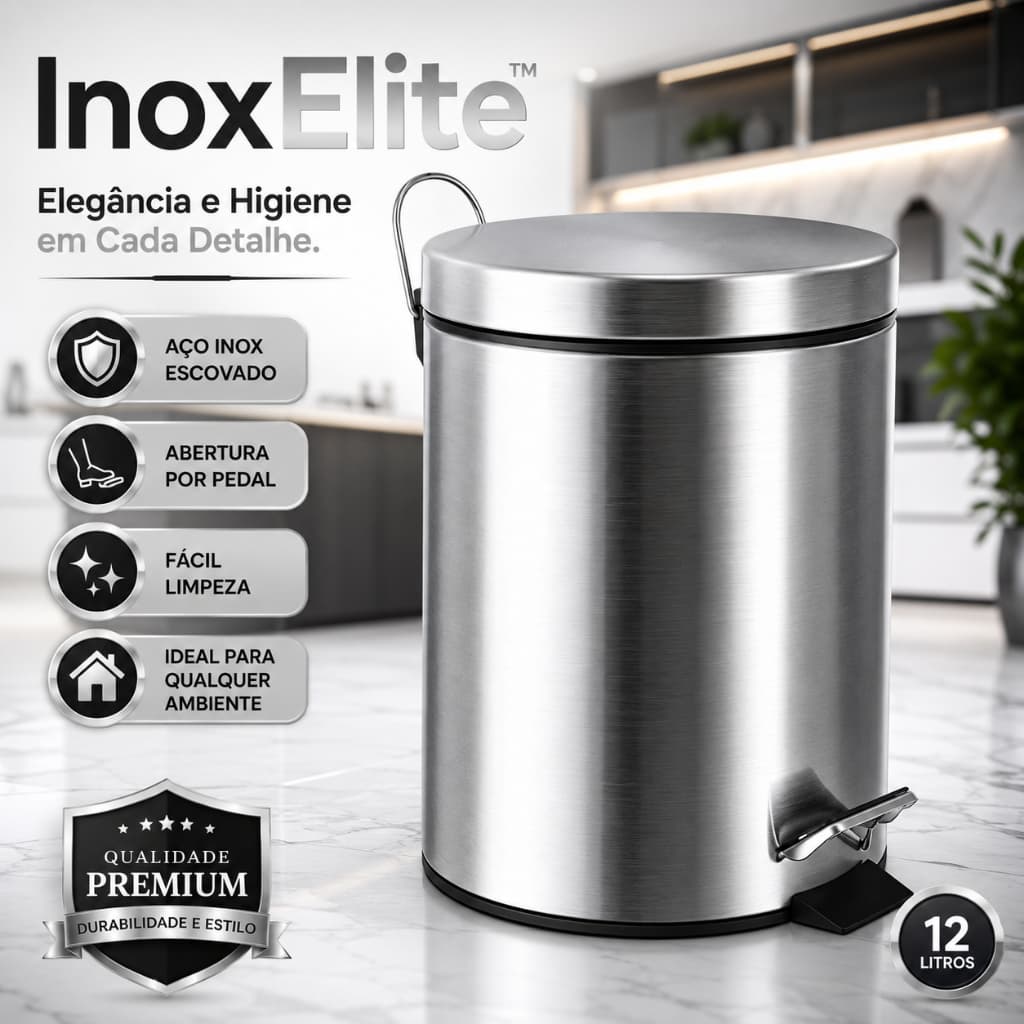 Lixeira Inox 12 Litros com Pedal InoxElite™ Aço Inox Escovado Redonda Multiuso para Cozinha Banheiro Escritório