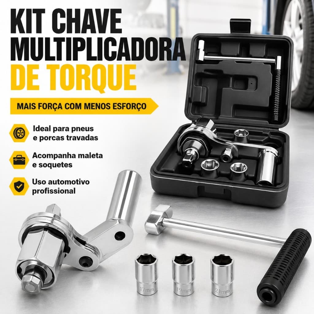 Desforcímetro Veicular Multiplicador Torque Portátil 1/2" Polegadas 680Nm 3 Soquetes Maleta Para Carros/SUVs