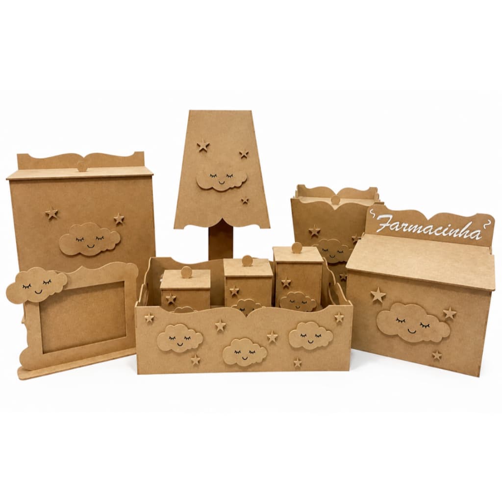 Kit Higiene Bebê Nuvem 9 Peças Mdf Cru Desmontado Decoração Quarto Bebê