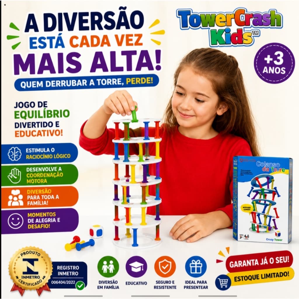 Jogo Derruba Torre Infantil Educativo com Dado Colorido 25 Colunas Brinquedo de Equilíbrio +3 Anos TowerCrash Kids
