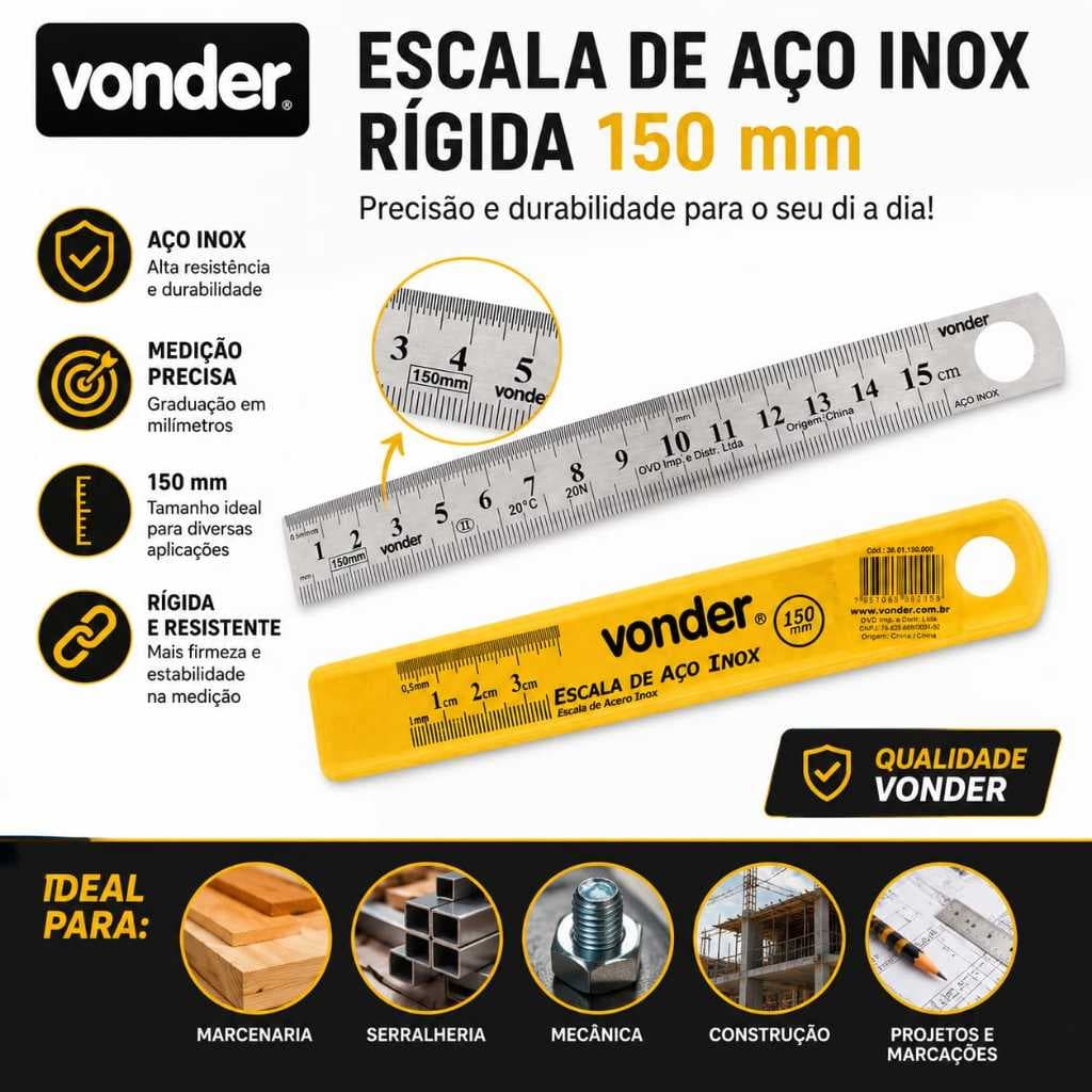 Escala Régua Aço Inox 150mm Rígida Vonder Medição Profissional