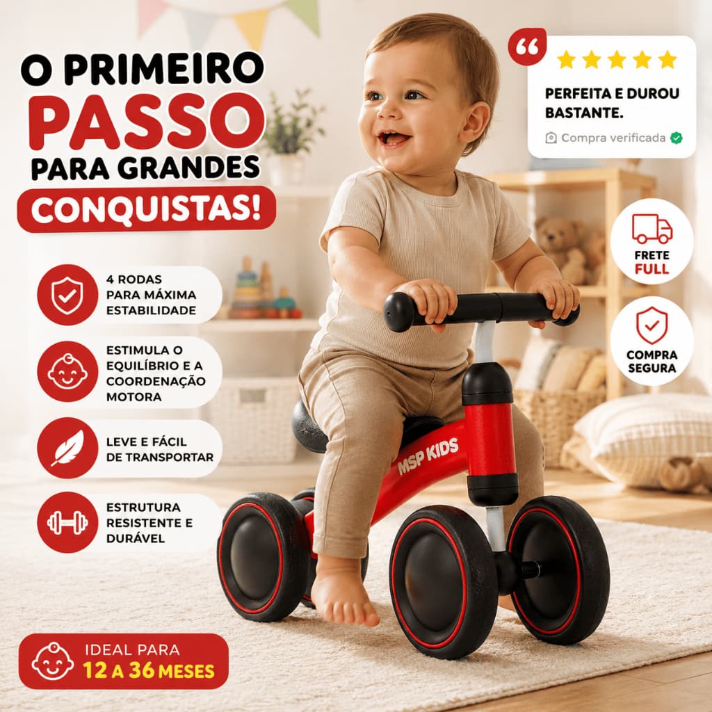 MSP Kids Bicicleta de Equilíbrio Infantil 4 Rodas Triciclo Bebê Sem Pedal Balance Bike Original MSP Kids