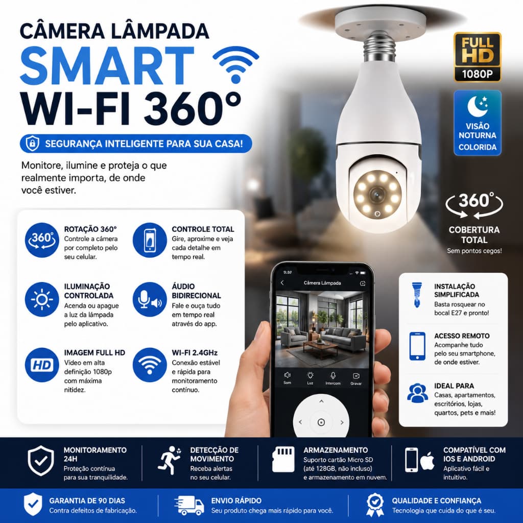 Câmera Lâmpada Segurança Smart Wi-Fi IP 360° Visão Noturna Colorida Full HD Bivolt Fácil Instal