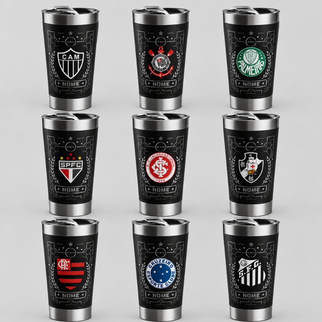 Copo Térmico Inox Times de Futebol - Tampa Inclusa - 473Ml de Dupla Parede - LASER + Arte Resinada