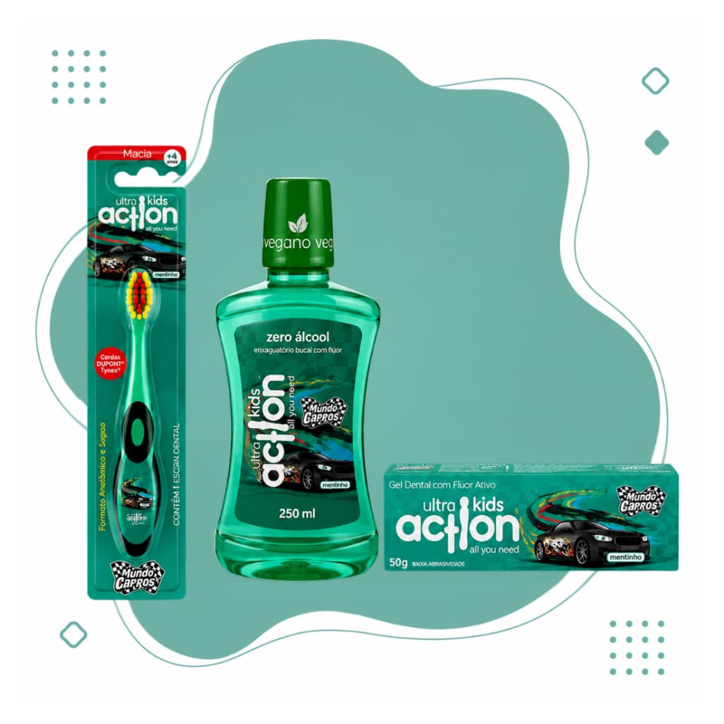 Kit 1 Gel Dental Vegano + 1 Enxaguante + 1 Escova Infantil - Ultra Action Kids - Mundo Dos Carros