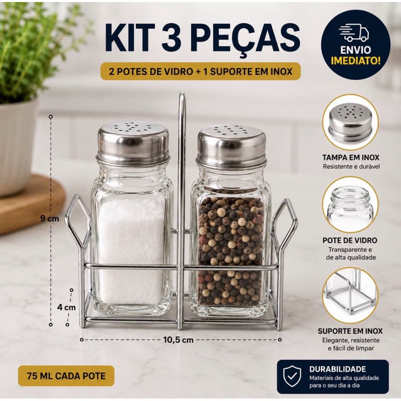 Kit Galheteiro Saleiro Paliteiro Vidro 75ml Gratis Suporte Metal Condimentos Sal Pimenta Temperos