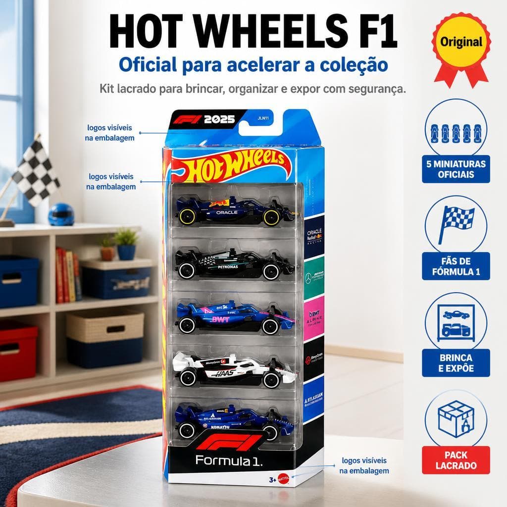 Coleção Hot Wheels F1 2025 Kit 5 Carrinhos Fórmula 1 Mattel Oficial Carros Pack 5 Miniaturas