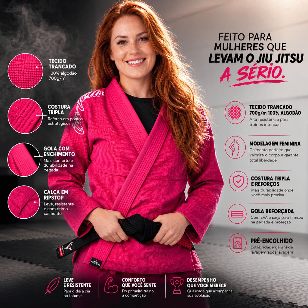 kimono feminino rosa jiu jitsu adulto trançado | ENVIO IMEDIATO - Invictus