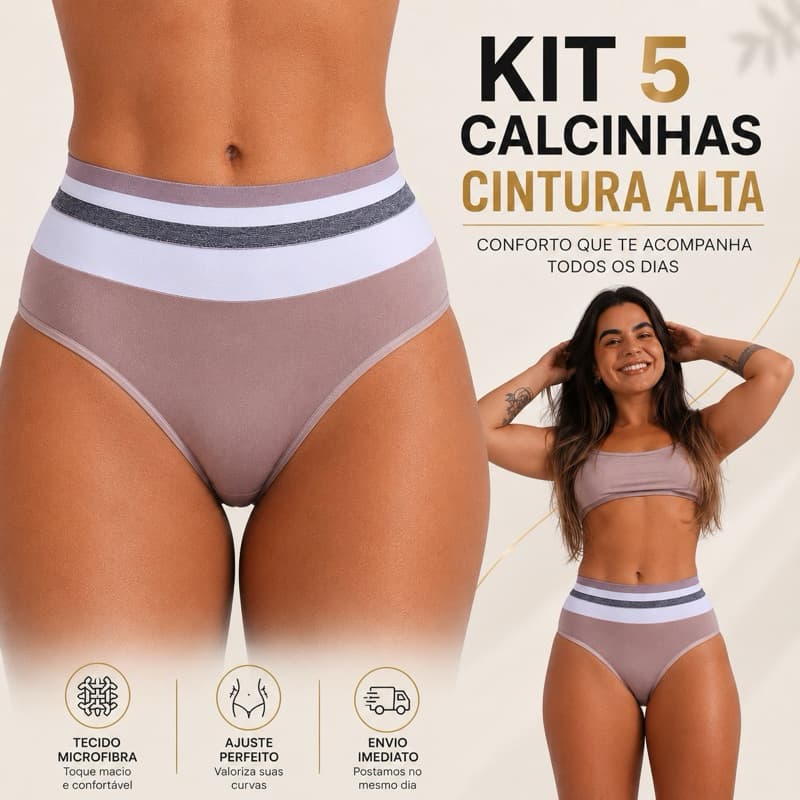 Kit 5 Calcinhas Cintura Alta Microfibra Cós Elástico Reforçado Conforto Diário