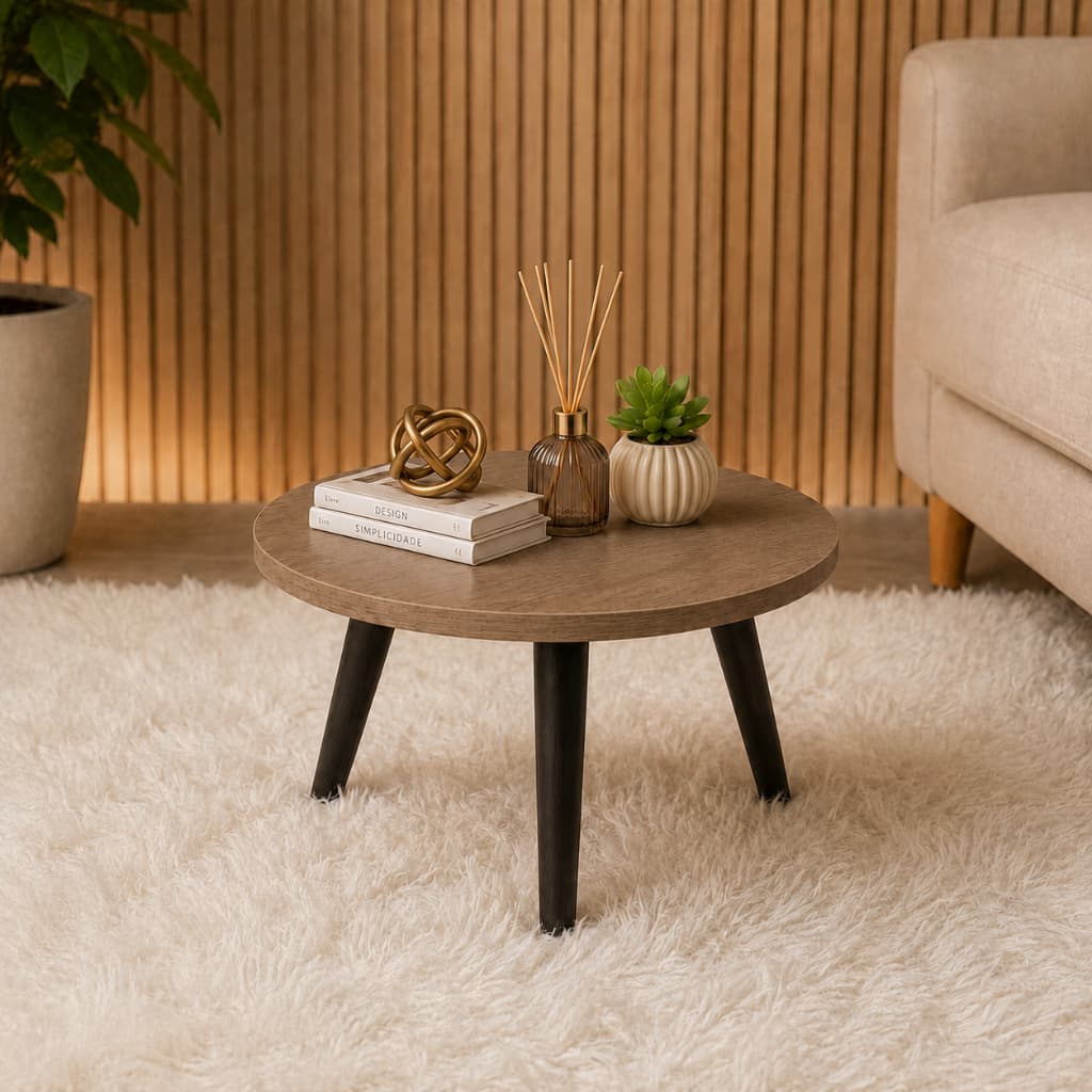 Mesa de Centro Redonda Compacta Branca MDF Pés de Pinus Moderna Decorativa Sala de Estar Nórdica