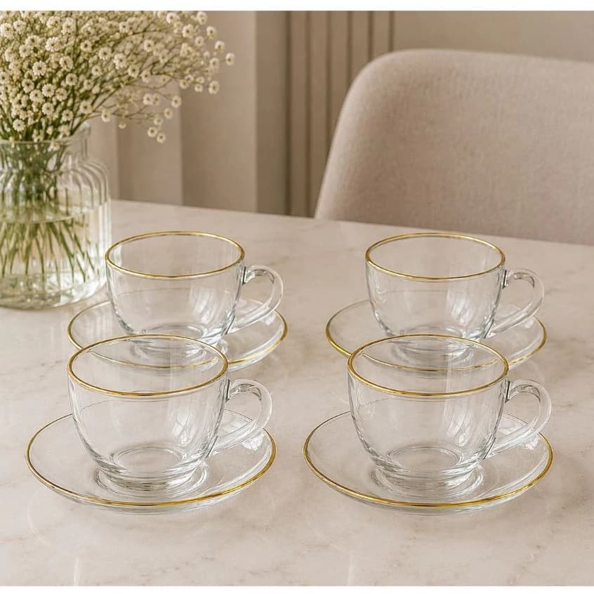 Jogo de Xicaras com 8 Peças 90ml Borda Dourada Elegante para Chá e Café