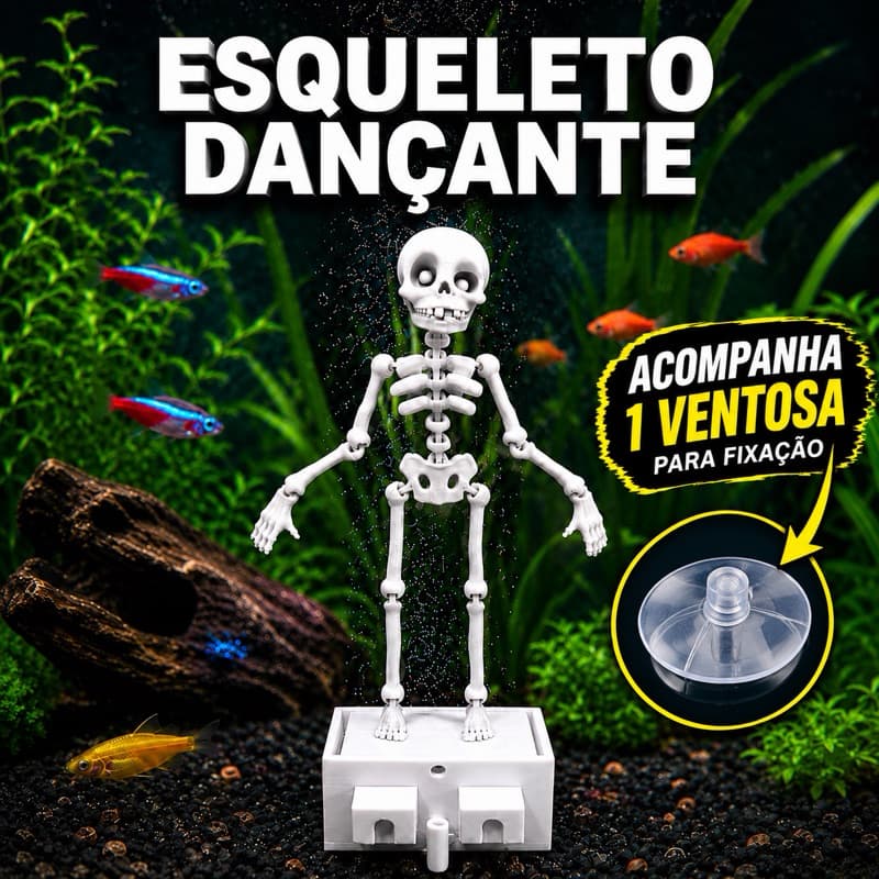Esqueleto Dançante Caveira Decorativa para Aquário + Ventosa