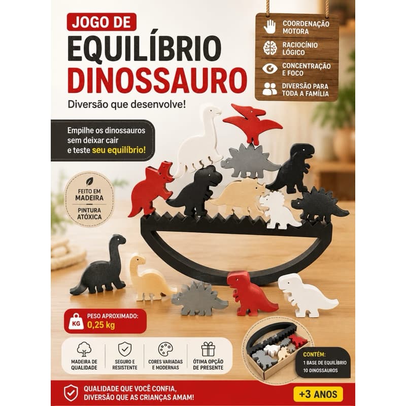 Jogo de Equilíbrio Dinossauro Montessori Brinquedo Educativo de Madeira Infantil