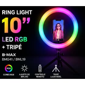 Luz Anel LED 10 Polegadas com Tripé Ajustável - 10 Níveis de Intensidade e 6 Cores RGB