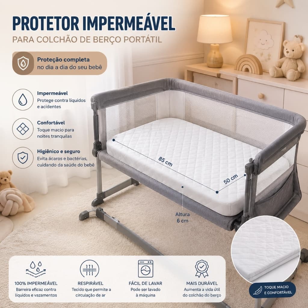 Protetor Impermeavel Berço portatil Side Matelado Protege Colchao Contra Liquidos