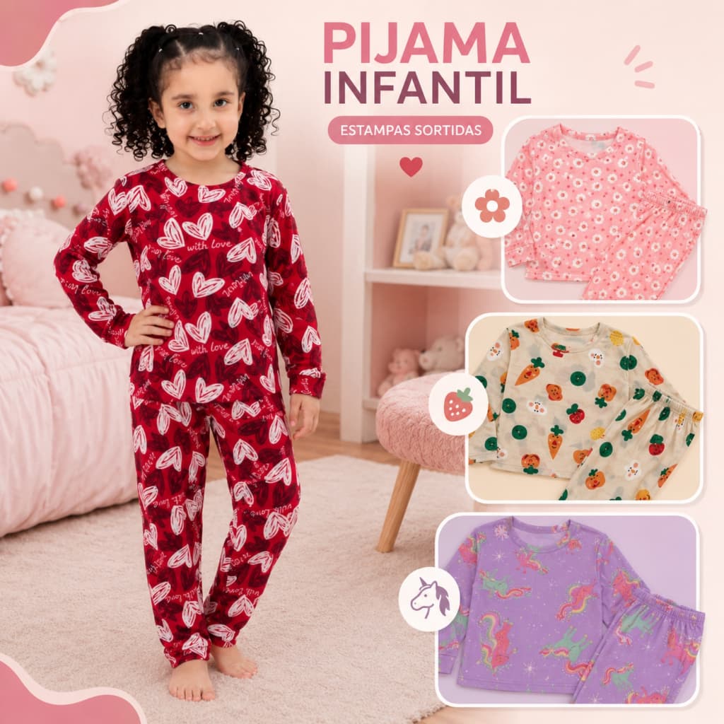 Pijama Infantil Menina Manga Longa Inverno 2 Peças Estampa Sortida Confortável para Dormir