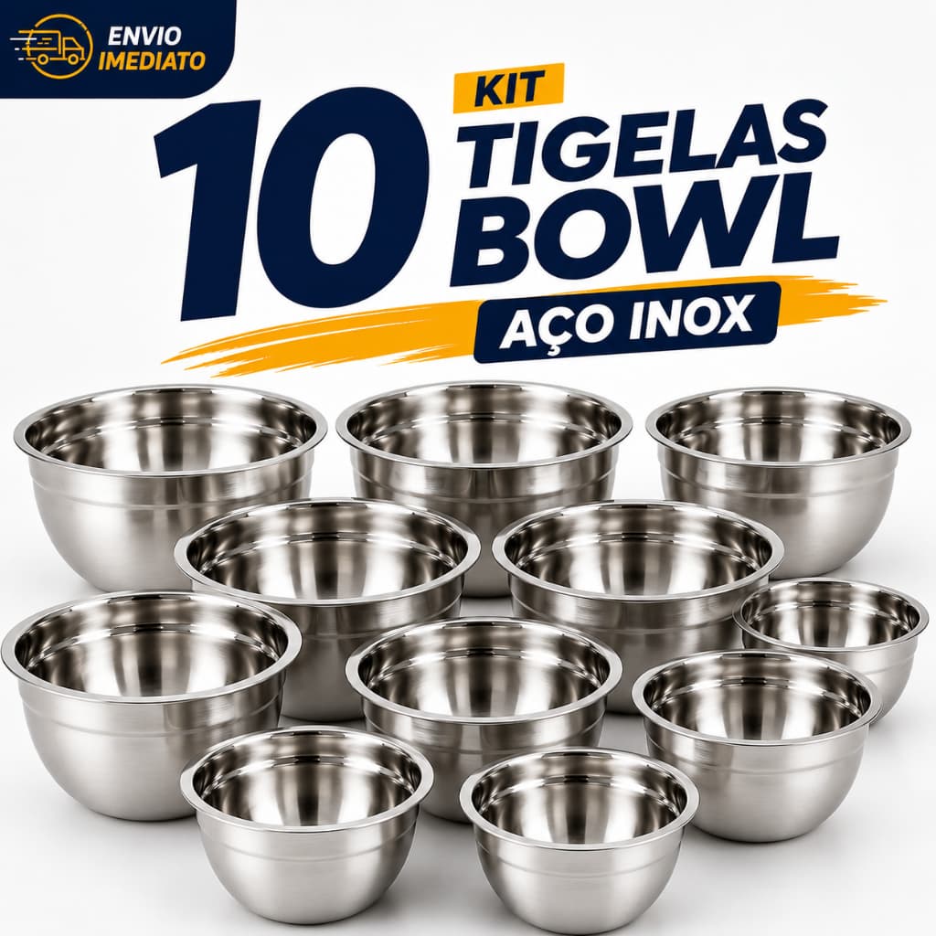 Jogo de Bowl Inox 5/10 Peças Tigela Inox Empilhável 14cm 16cm 20cm 22cm 24cm Gamela Bacia Cozinha