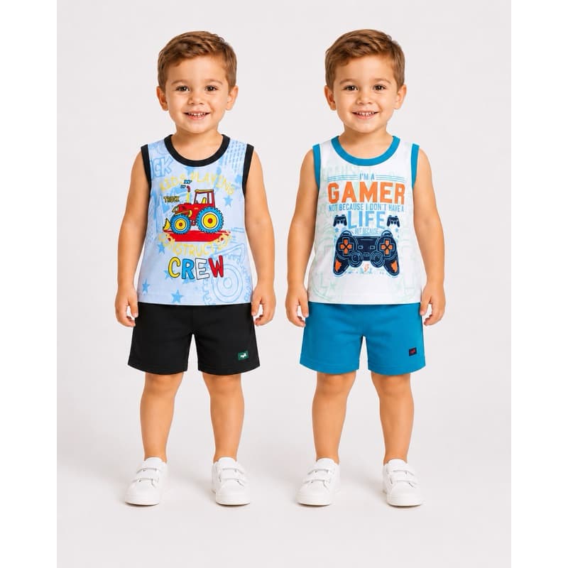 Kit 2 e 3 Conjuntos Infantil Menino Regata Algodão + Bermuda Moletinho Verão 2 e 3 Anos Estampas Sortidas