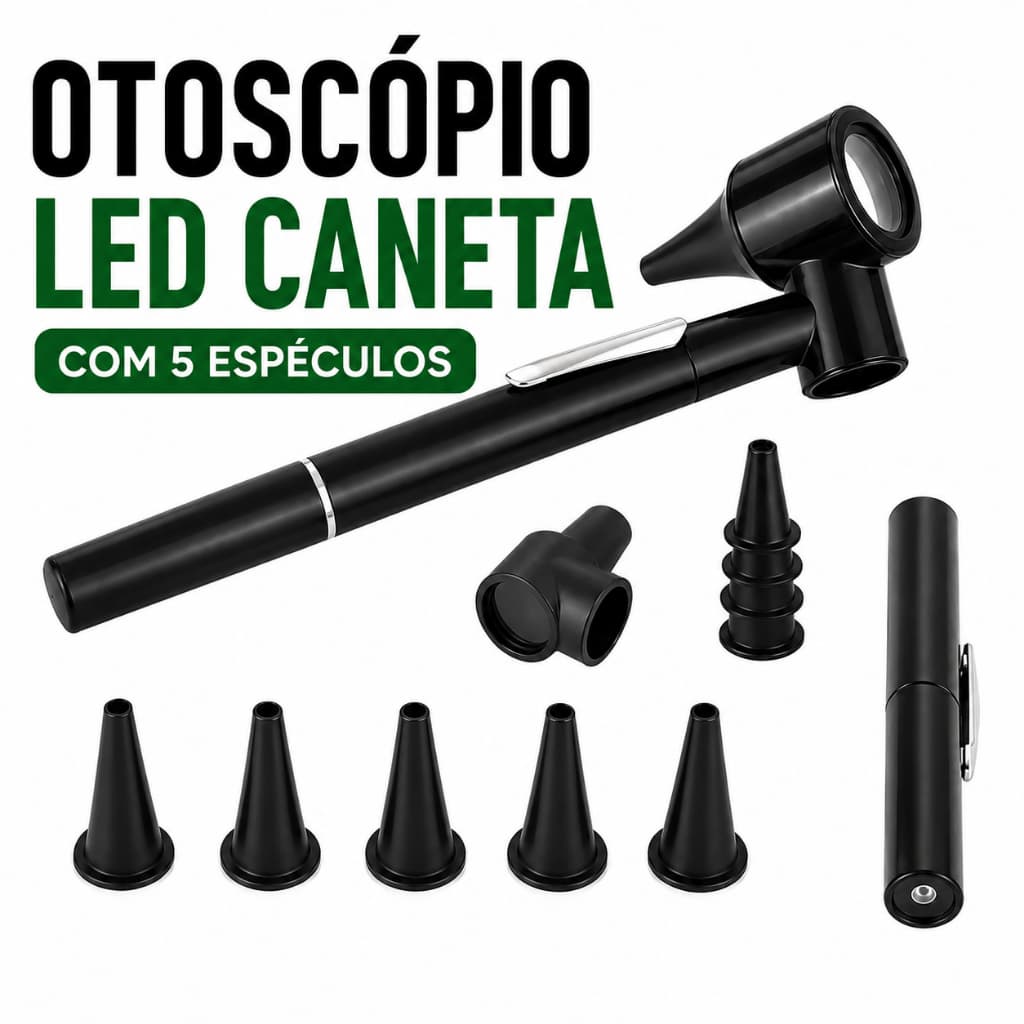 Otoscópio Tipo Caneta LED com 5 Espéculos Lente 3x Portátil para Ouvido Nariz Garganta Adulto Infantil