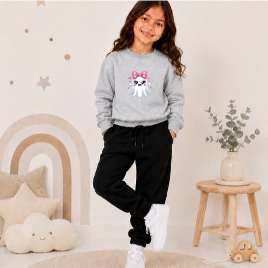 Conjunto Moletom Blusa e Calça Gola Careca Infantil Várias Cores Estampa Fantasminha Laço